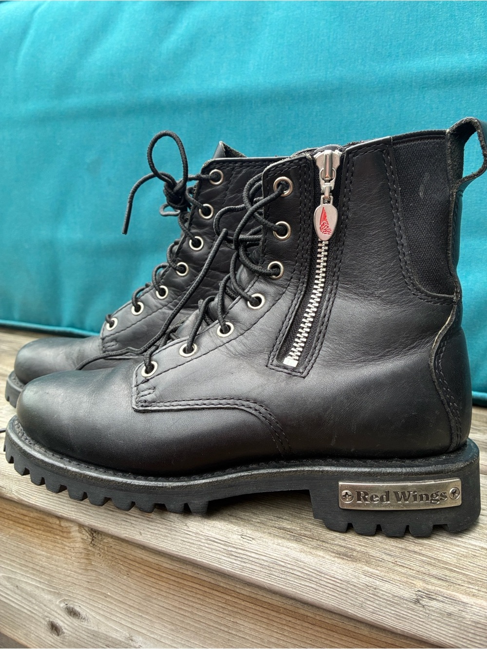 Red Wings Black Leather Lace Up Moto Combat Boots, Size 37.5